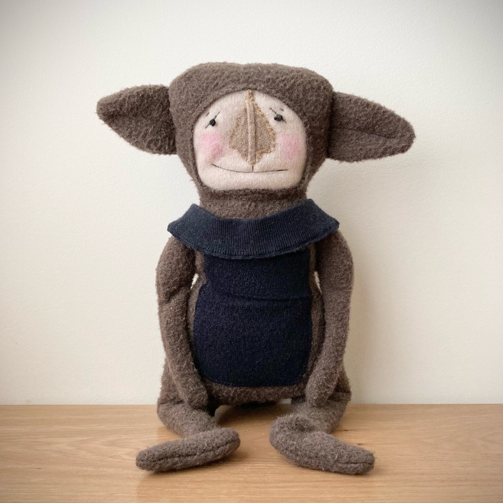 joodito reclaimed wool handmade pillow creature folk art doll brown navy lamb